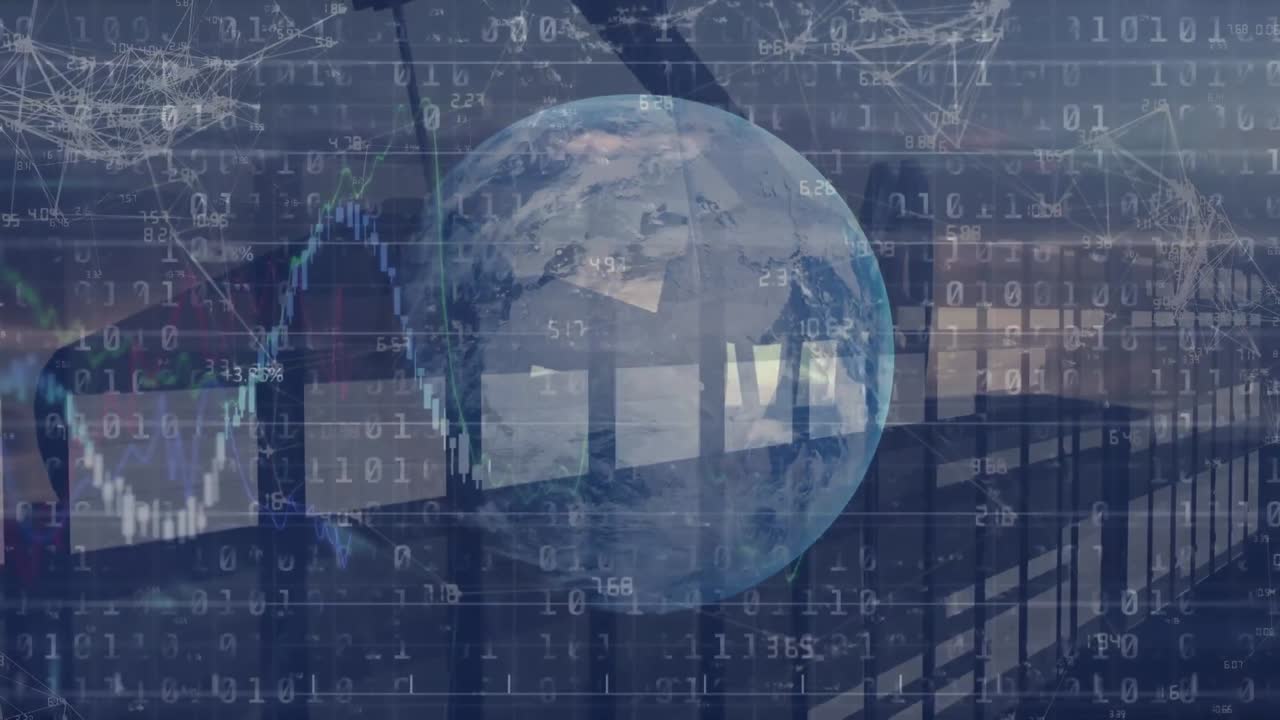 Animation of data processing and moving columns over globe