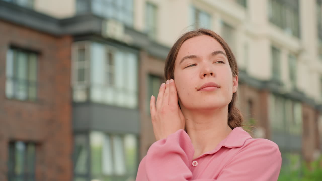 Peaceful City Woman Resting, Gentle Caucasian Woman Takes Moment During City Commute Journey, Tranquil Female Pedestrian Of European Descent Reflects Peacefully Amid Urban Transit Crowds