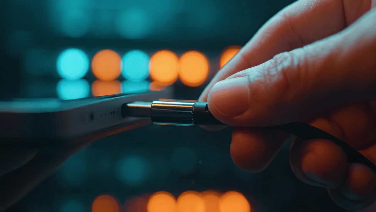 Close-up of a smartphone being connected to a data cable, illuminated by vibrant blue and orange lights in a tech-inspired environment, emphasizing modern connectivity.