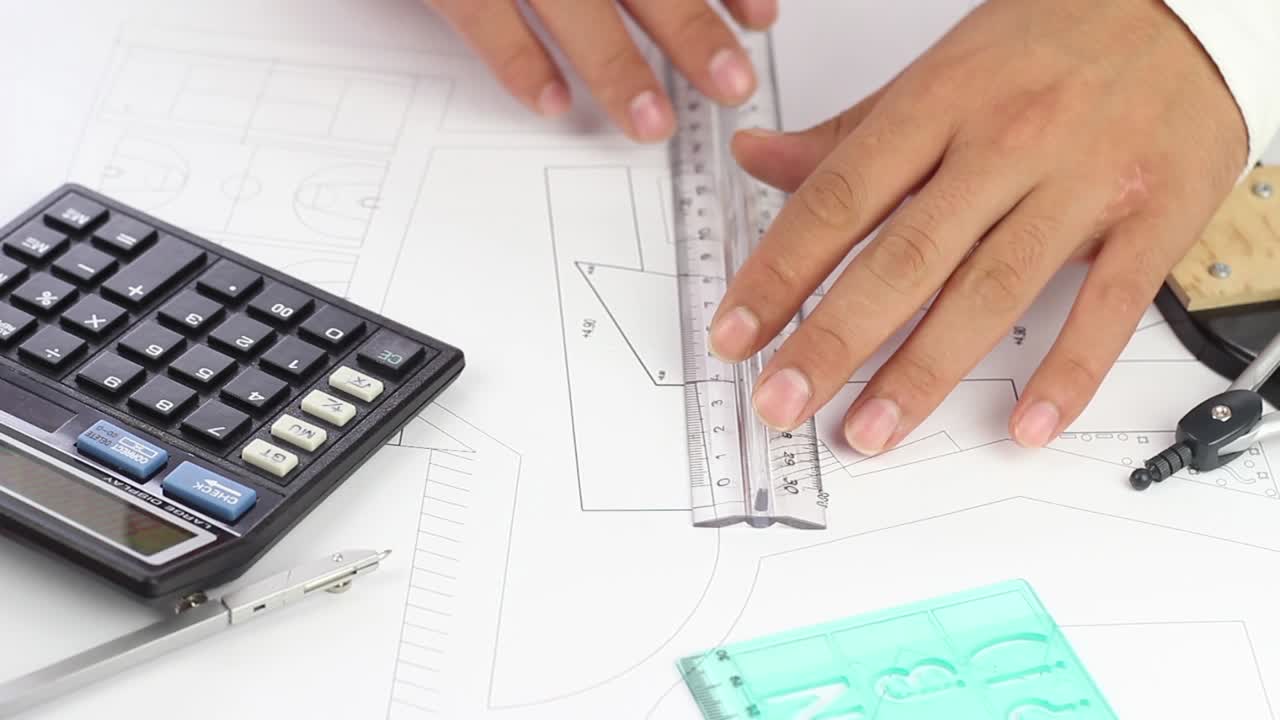 primer plano del arquitecto dibujando líneas de regla y lápiz en el papel