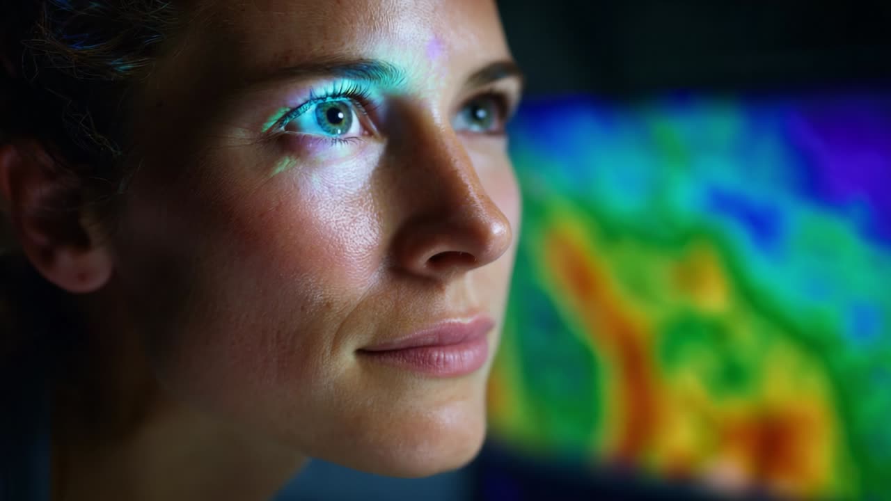 A Focused Individual Engaging with Visual Data, Highlighting the Intersection of Technology and Human Insight, as Light Patterns Reflect on the Face While Analyzing Complex Imagery in the Background