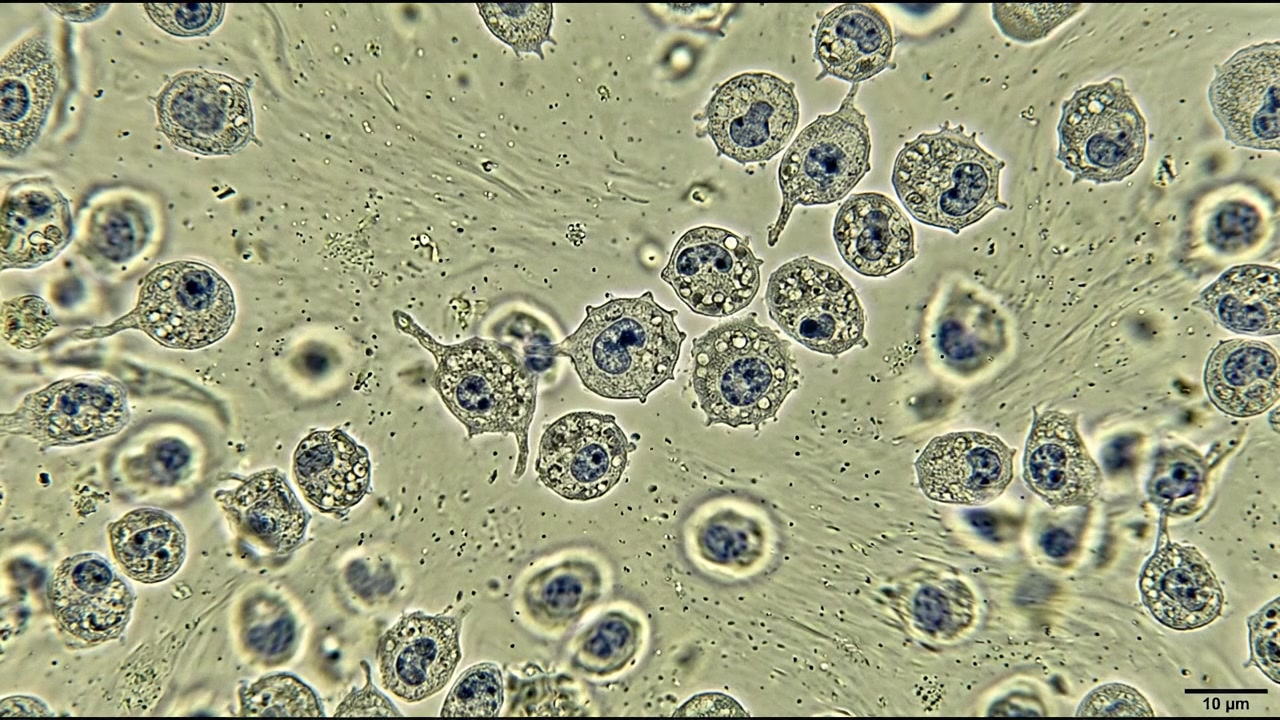Microscopic round cells and microorganisms scattered across pale biological sample