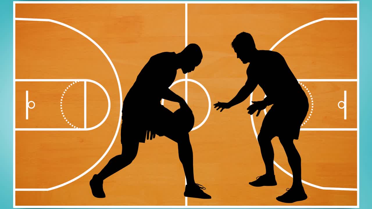 animación de la silueta de los jugadores de baloncesto sobre la cancha de baloncesto