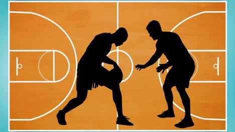 Animation-of-silhouette-of-basketball-players-over-basketball-court