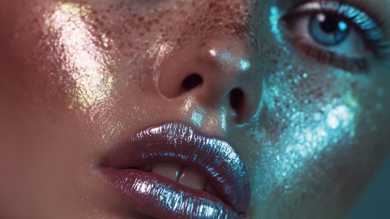 Extreme close up of a glamorous woman's face with creative makeup, featuring shiny metallic lipstick and sparkling glitter on her skin, illuminated by colorful pink and blue neon lights