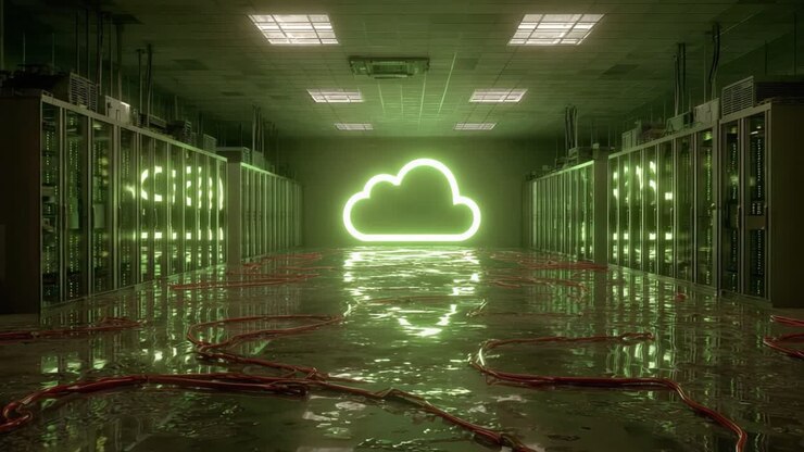 Una visualizzazione mozzafiato di un data center ad alta tecnologia con un'insegna a neon a forma di nuvola e un pavimento riflettente, che evidenzia la connettività moderna e l'infrastruttura digitale.