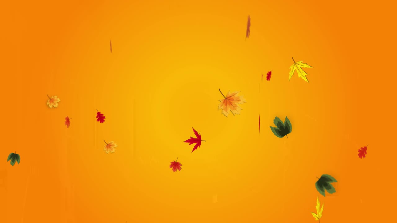 다채로운 가을 잎이 오렌지색 배경에 떨어집니다.