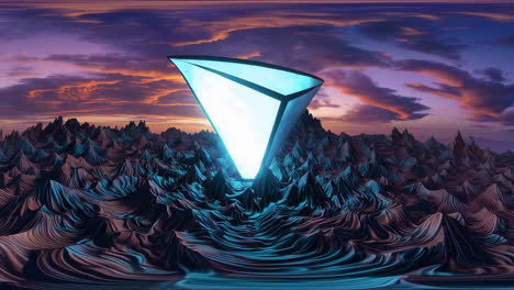 mysterious structures in an alien landscape at sunset