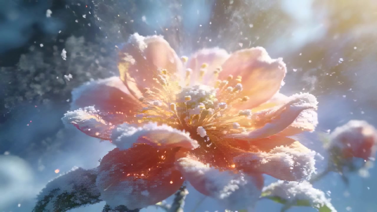 庭で、降る雪を受け止めたピンクの桜の花が霜をまとい、暖かい逆光にきらめいている。