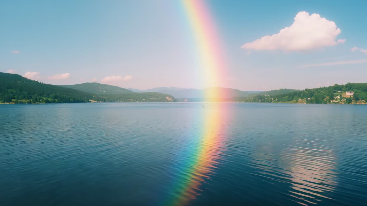 Forming after rain vibrant rainbow arcing across sky into calm lake, reflecting over forested hills