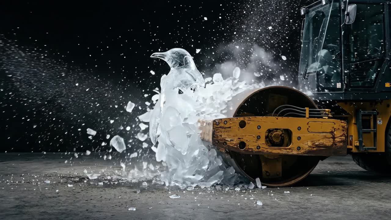 Ağır Çekimde Buz Penguen Heykelini Ezen Yol Silindiri