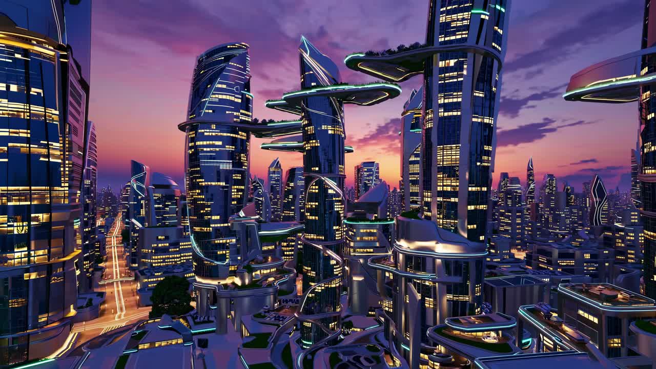 horizonte de la ciudad futurista al atardecer