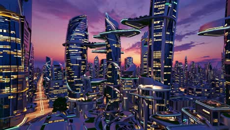 futuristic city skyline at sunset