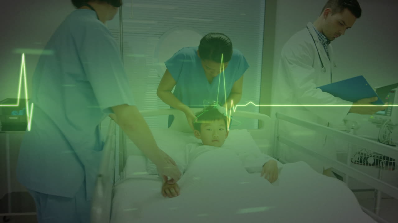 여성 의료 종사자와 병원 에 있는 아시아 소년 에 대한 심박수 모니터 의 애니메이션