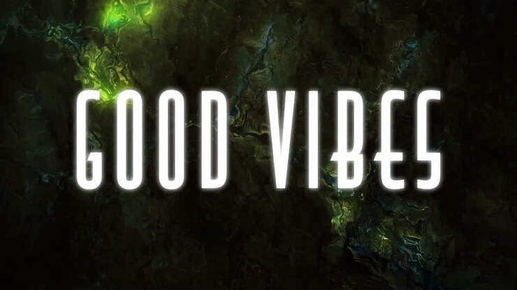 Animazione del testo Good Vibes su sfondo astratto verde e nero
