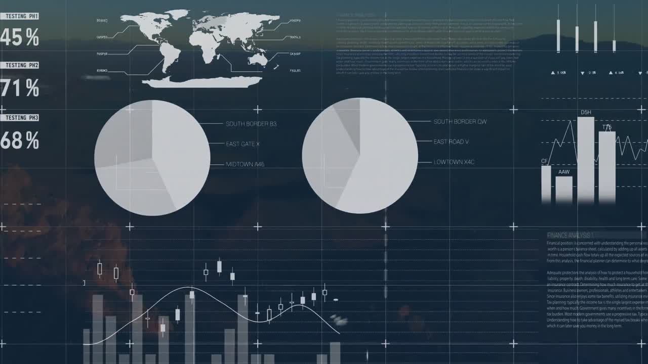 animación del procesamiento de datos estadísticos a través de la red de cuadrícula frente a una vista aérea de las montañas