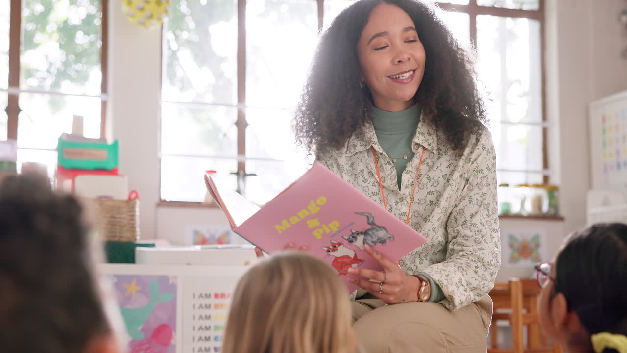 School, kids or teacher reading book for learning