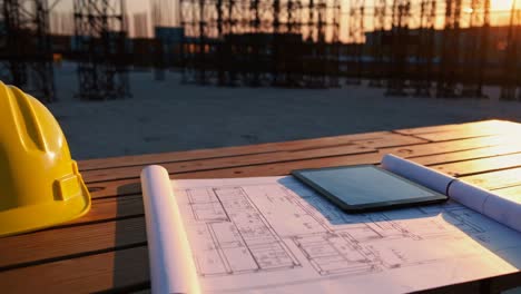 construction site with plans and helmet