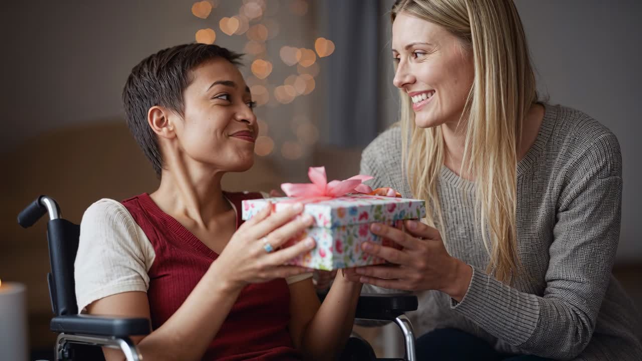 Donna che offre un regalo a sorpresa a casa, mentre un utente su sedia a rotelle con una maglia bordeaux si allunga sorridendo.