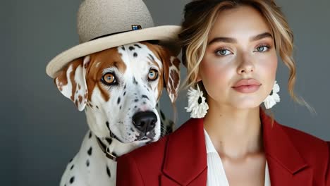 a woman in a red blazer and hat with a dalmatian dog