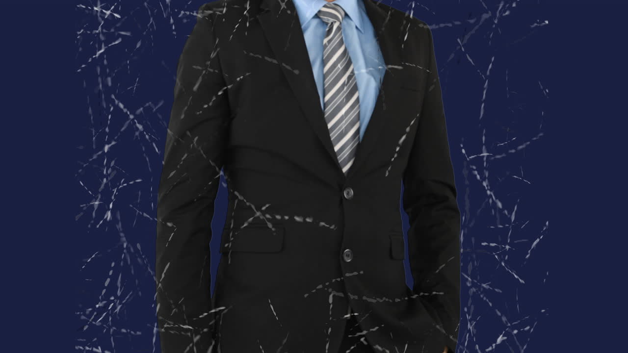 Animation of pointing at digital network connections, businessman in suit on blue background