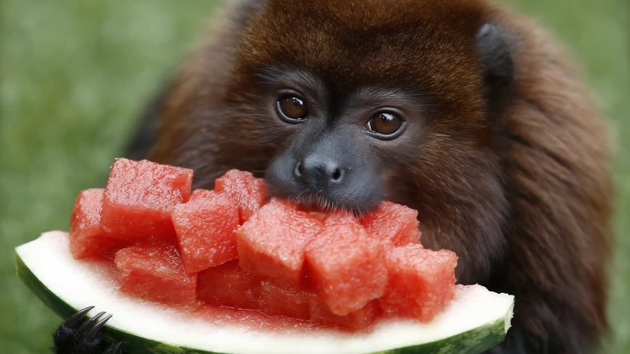 A Curious Monkey Enjoying Refreshing Watermelon Cubes: A Delightful Encounter with Nature's Sweet Treat in a Playful Setting