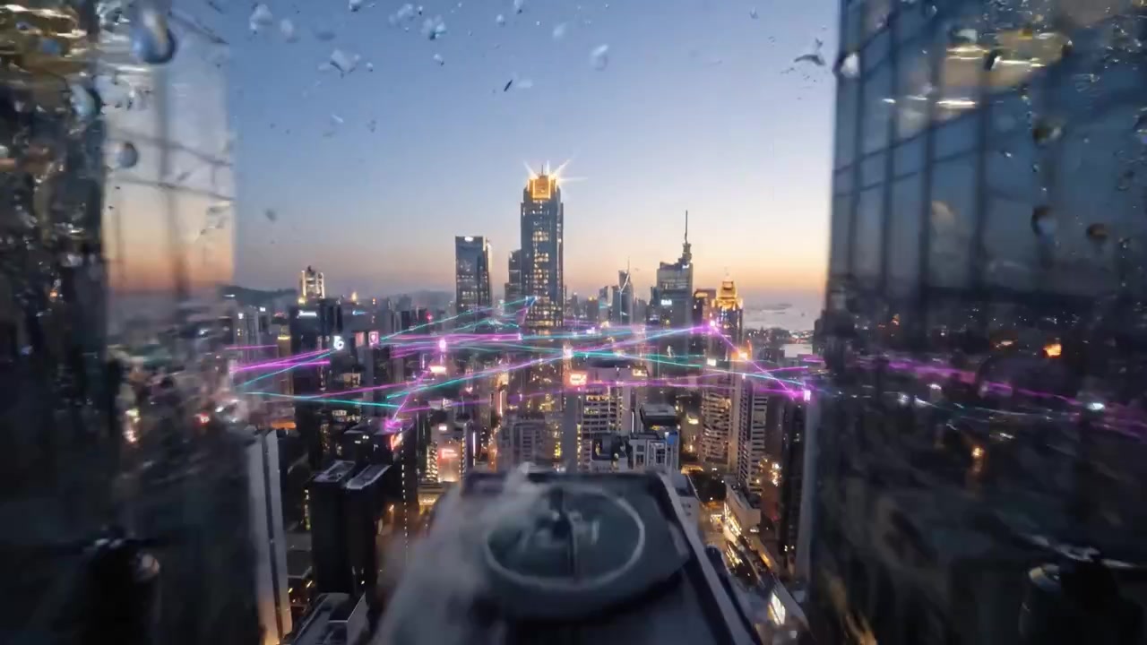 Stunning Aerial Views of a Futuristic Cityscape at Sunset Featuring High-rise Buildings, Illuminated Skyscrapers, and Vibrant Light Trails Across the Skyline