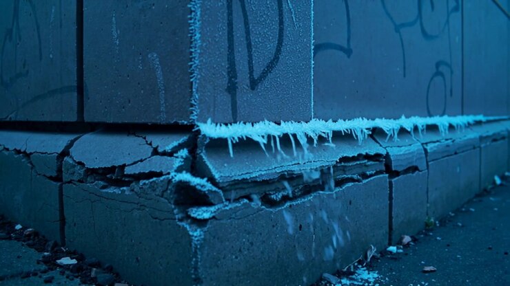 Forming frost growing along concrete corner seam at graffiti wall base from cold shedding debris