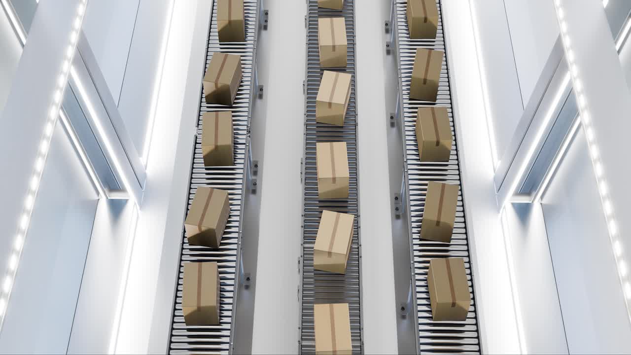 Carton boxes moving on conveyors at futuristic warehouse. 3d render