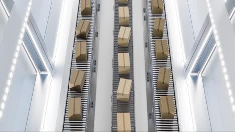 carton boxes moving on conveyors at futuristic warehouse. 3d render