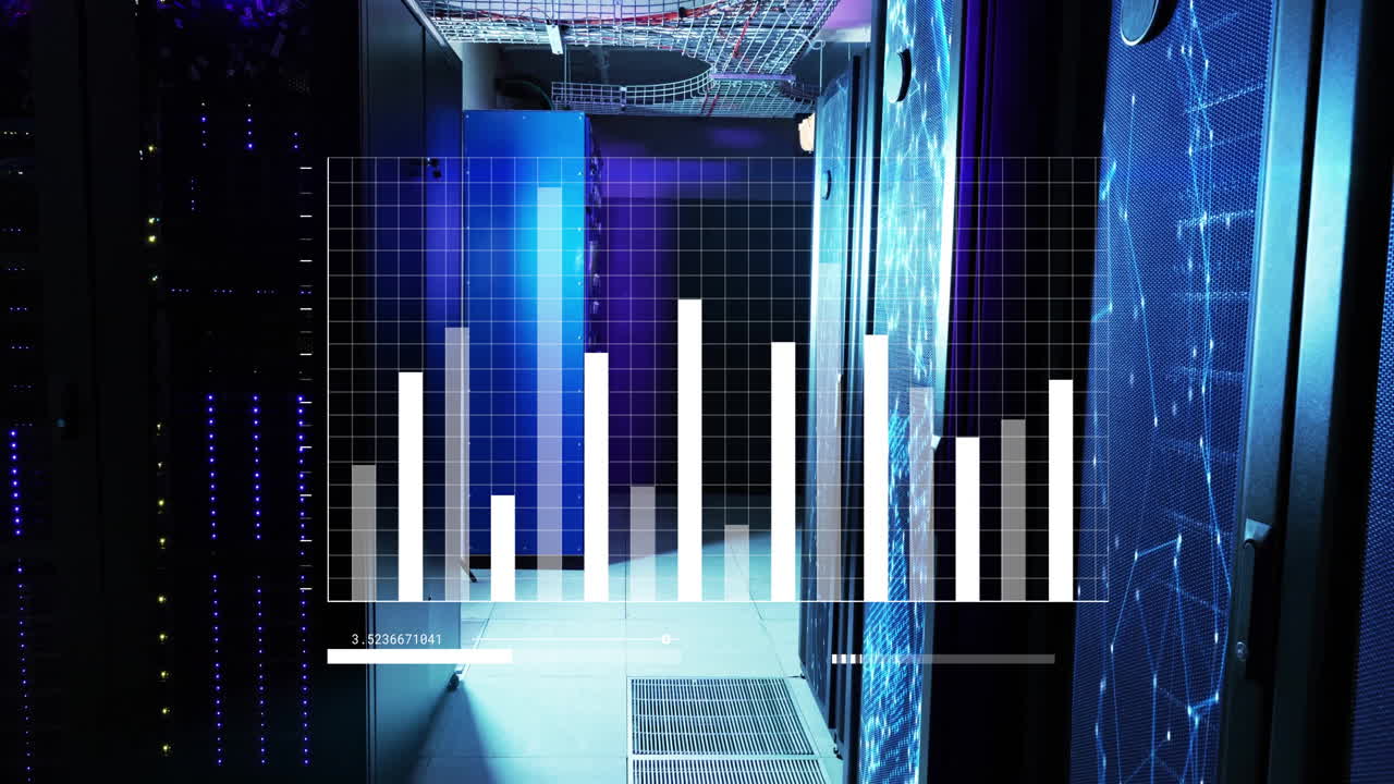 Bar graph animation over servers in data center with blue lighting