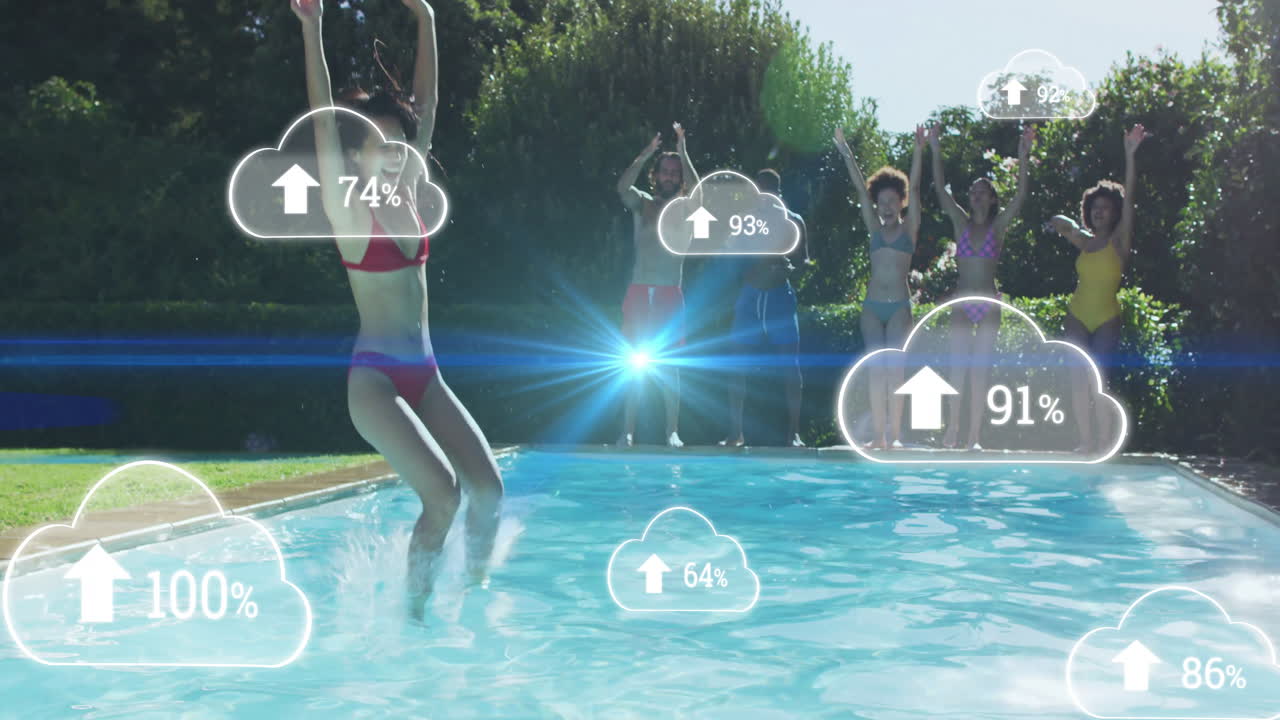 Jumping into pool, people with cloud icons and percentage data animation