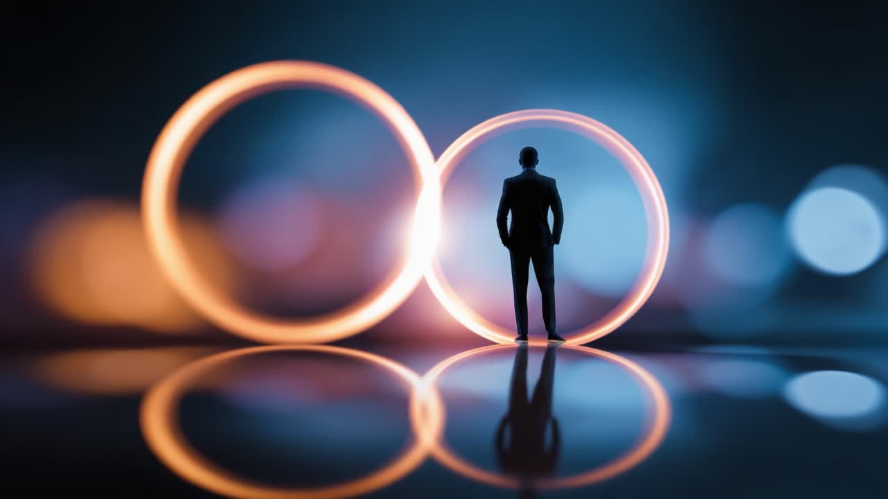 A Mysterious Silhouette Stands Between Intertwined Rings, Capturing the Essence of Connection and Reflection in a Dreamy, Ethereal Environment