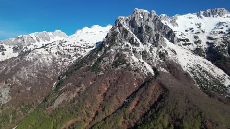 mountain peaks covered in white snow, sunny day with blue sky in albanian alps