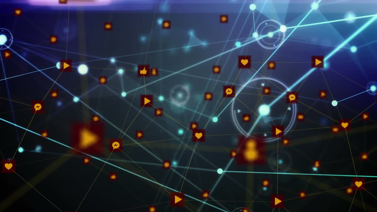 Animation of data and network of connections with icons over dark background