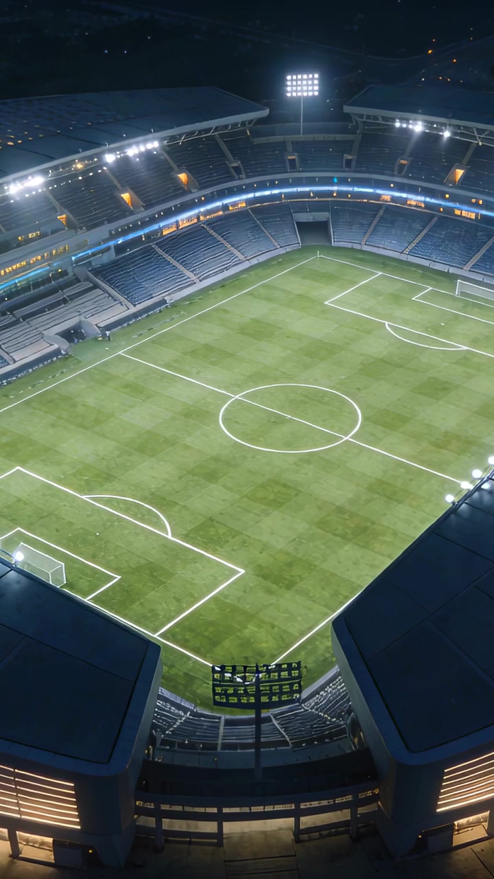 Video verticale: Ripresa aerea iniziale che inizia la discesa su un campo da stadio illuminato e vuoto, rivelando un tabellone LED.