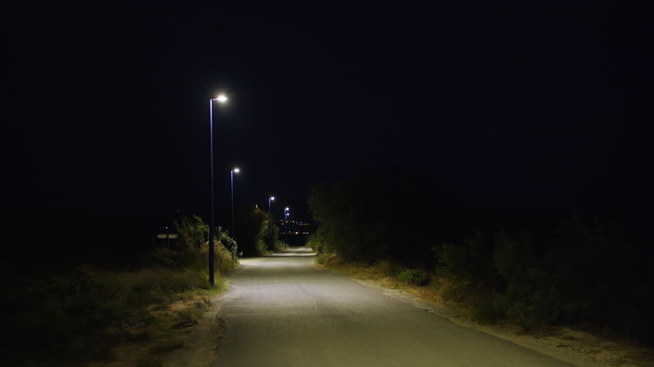 un camino de campo oscuro por la noche iluminado por farolas