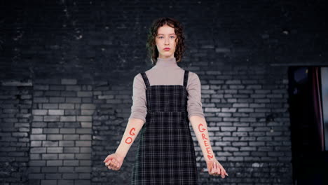 serious young environmental activist looking at the camera and showing her arms with go green" inscription"