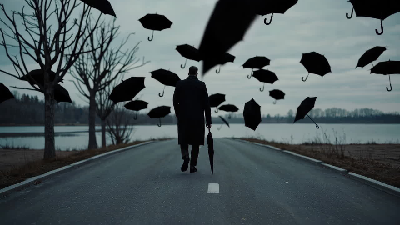 A man walks on a desolate road with black umbrellas floating in the sky