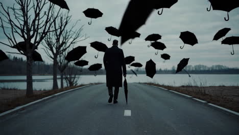 a man walks on a desolate road with black umbrellas floating in the sky
