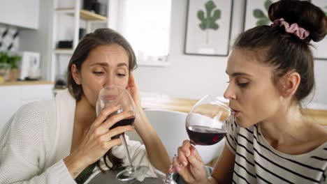 zoom out video of two friends chatting and drinking wine