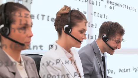 animation of financial data processing over people wearing phone headsets
