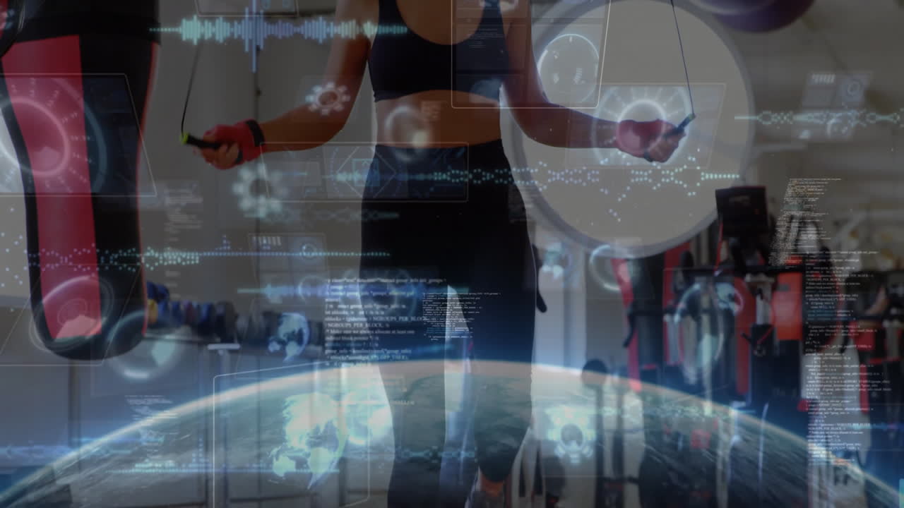 Female athlete performing jump rope workout in gym with punching bag, with holographic data charts