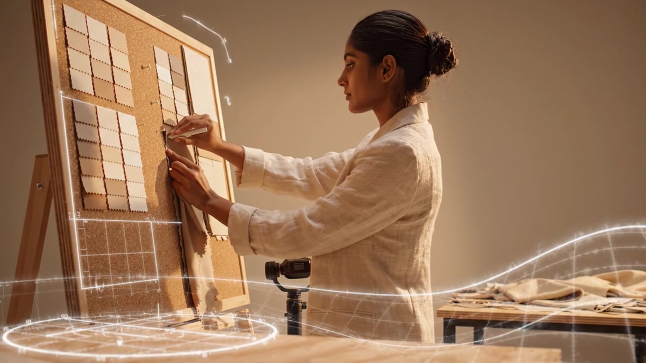 Un designer concentrato seleziona campioni di tessuto, migliorando la creatività e l'innovazione, mentre identifica texture e colore per un progetto tessile unico in uno spazio di lavoro.