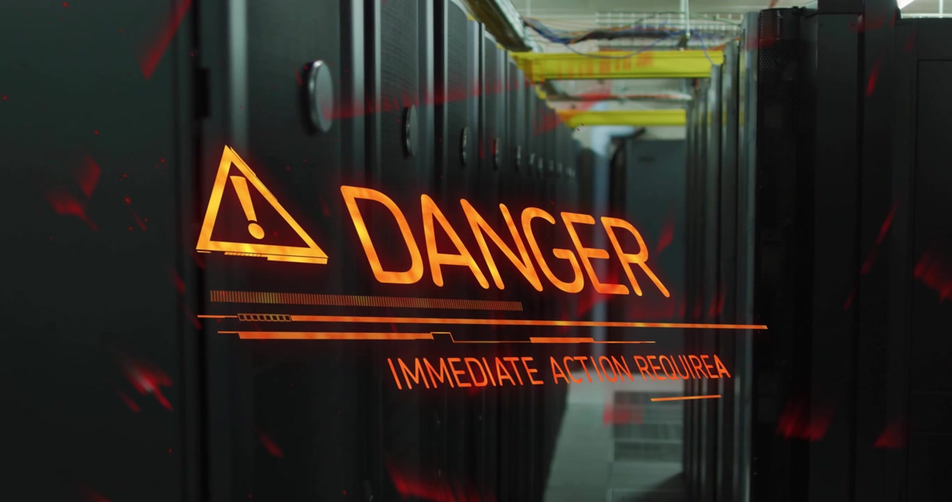 Glowing orange lines sliding through racks, morphing into DANGER overlay signaling urgent action