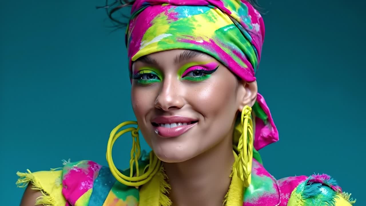 A woman wearing a colorful headband and bright makeup