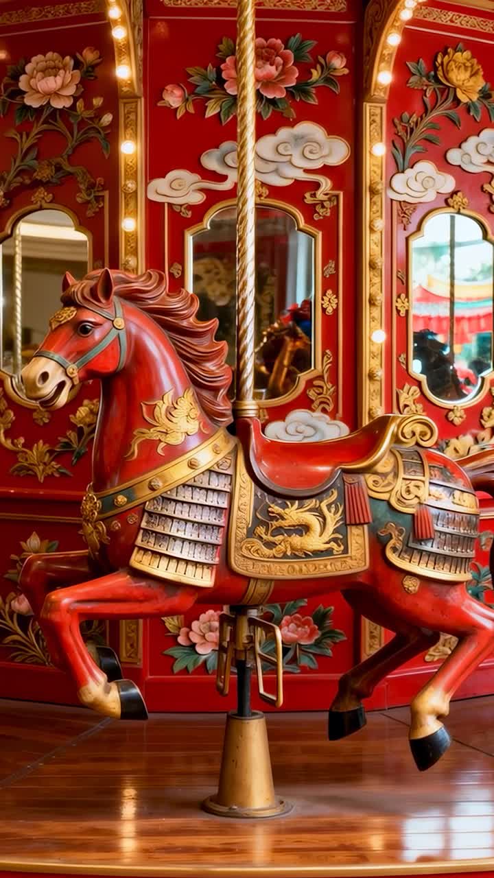 Video verticale: carosello iniziale con cavallo rosso intagliato che oscilla su una piattaforma di legno con un palo in ottone