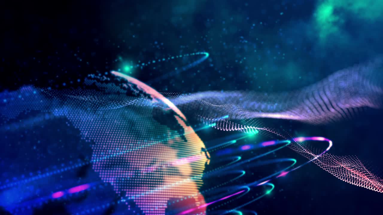 Globe abstract wireframe dynamic sci-fi concept with glowing waves in outer space. 4K UHD 3D video loop universe background.