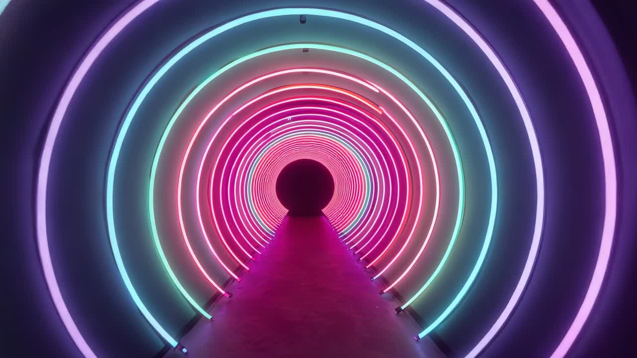 Advancing camera gliding through future gallery tunnel toward dark portal, with neon rings pulsing