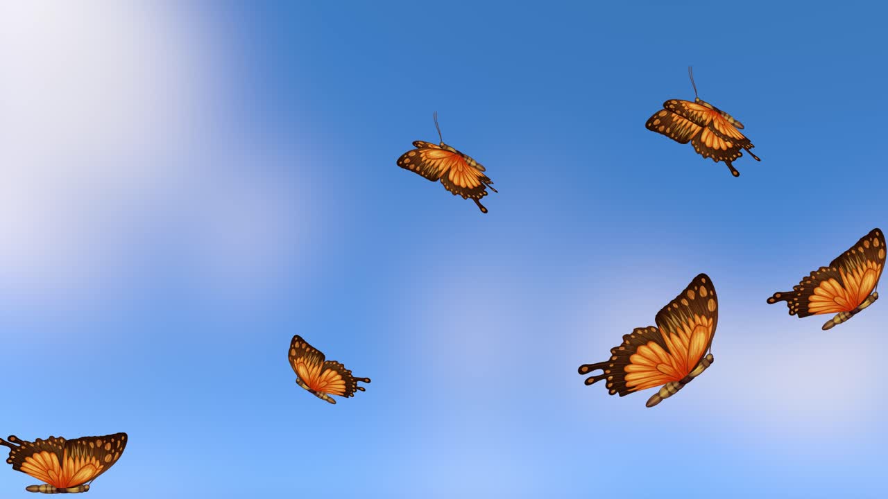 오렌지색 나비들이 푸른 하늘을 향해 우아하게 날아다닙니다.